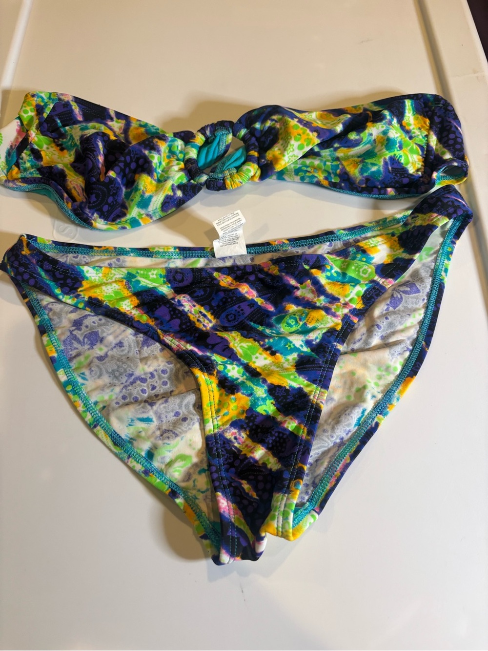 BAMBOO Green Blue Yellow Patterned Bandeau Bikini
